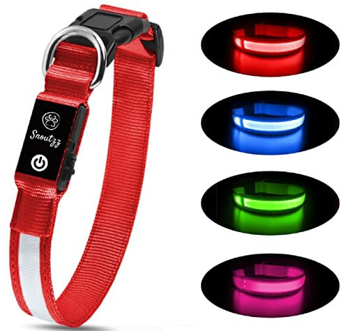 SNOUTZZ® LED Flashing Dog Collar USB Rechargeable - Ultra Bright & Highly Visible - Waterproof & Increased Safety- Available 4 Colours & 4 Sizes (Red, Small)