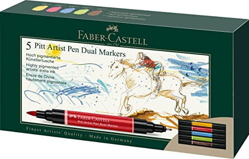 Faber-Castell 162005 - Pitt Artist Pen Dual Marker Tuschestift, mit zwei Spitzen, eine Pinselspitze und eine metallgefasste Faserspitze, 5er Kartonetui
