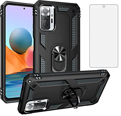 Asuwish Funda para Xiaomi Redmi Note 10 Pro/10Pro MAX con Cristal Templado Protector Pantalla Vidrio Pelicula Protectora Magnética Anillo Soporte Silicona TPU Note10 ProMax M2101K6G Móvil Case Negro