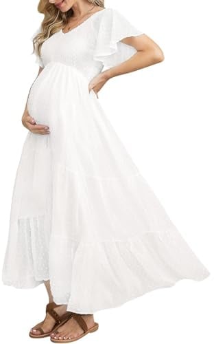 Swiss Dot-mammaklänning för babyparty, fotografering, avslappnad, V-hals, volangärmar, empire-midja, uppdelad bohoklänning, B vit, M