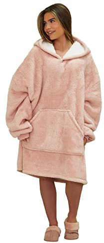 Brentfords Teddy Fleece Sherpa Lined Super Soft Plush Weomens Snoodie Hoodie Blanket Oversized Jumper Throw, Blush Pink - Adults
