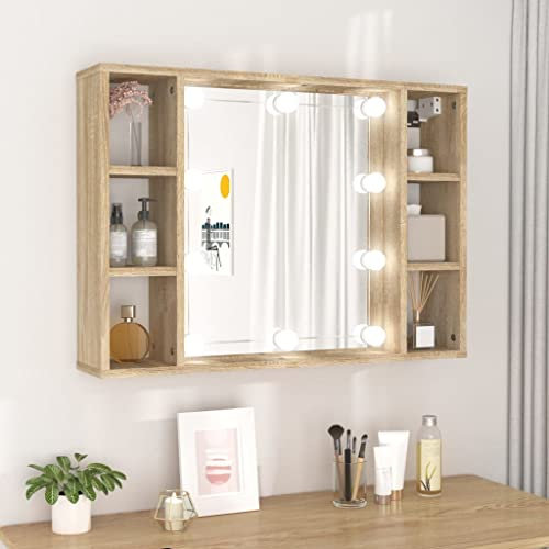 Armoire Murale LED Homise avec Miroir et 6 Compartiments - Meuble de Toilette en Bois Brun 76x15x55 CM pour Salle de Bain