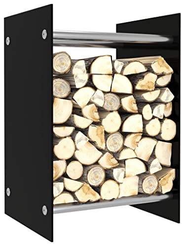Schwarz Kaminholzregal Kaminholzhalter Brennholzregal Feuerholzregal Kaminholzständer Brennholz Holzhalter aus Metall und Gehärtetes Glas, 40 x 35 x 60 cm