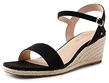 DREAM PAIRS Damen-Espadrilles mit offener Zehenpartie, Elegante Plateau-Sandalen zum Hineinschlüpfen, elastische Knöchelriemen, Keilabsatz-Sandalen,Size 40,Schwarz,SDPW2344W-E