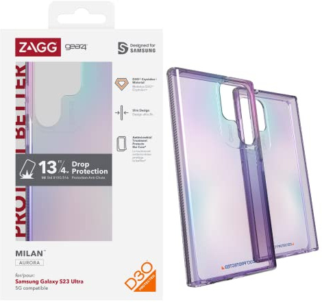 ZAGG Gear4 Milan Samsung Galaxy S23 Ultra Handyhülle (Aurora), D30 Fallschutz bis zu 4 m, funktioniert mit kabellosen Ladesystemen, leicht und transparent mit Kantenschutz