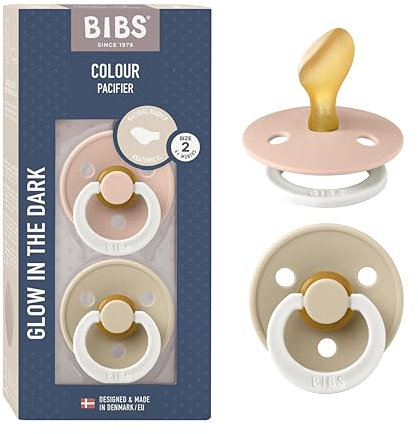 BIBS Colour Anatomical Glow Schnuller 2er-Pack, BPA-frei. Leuchtet im Dunkeln, Kiefergerechte Form. Naturkautschuk/Latex, Hergestellt in Dänemark. Größe 2 (6-18 Monate), Blush Glow/Vanilla Glow