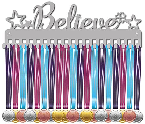 CREATCABIN Believe Medal Holder Start Four Leaf Clover Awards Display Stand Wall Rack Mount Hanger Decor Edelstahl Metal Hanging for Home Badge Medalist 60 Medals Sports Games, Silbern Silberfarbig