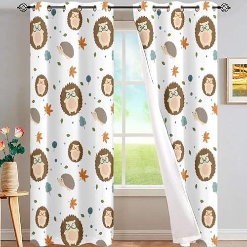 loyaltyer Verdunkelungsvorhang für Kinderzimmer Brauner Igel Gardinen mit Ösen Blickdichter Vorhang für Wohnzimmer Kinderzimmer Schlafzimmer 2Er-Set Gardinen, 2x160x140 cm(HxB)
