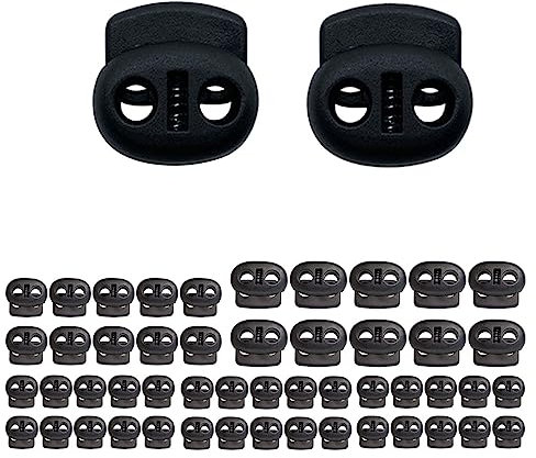 Jiujiutu 50 Pezzi 2 fori Fermacorda a molla nera fermacorda gomma Fibbia a Molla Cord stopper all'aperto vestiti sport lacci 5mm/4.5mm/4mm