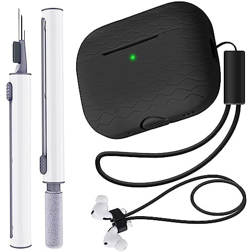 Fhtase AirPods Pro 2 Hülle 2022 mit Reinigungsset, Stift und Anti-Verlust-Bändern für AirPods, weiche Silikon-Schutzhülle mit Umhängeband, Schwarz