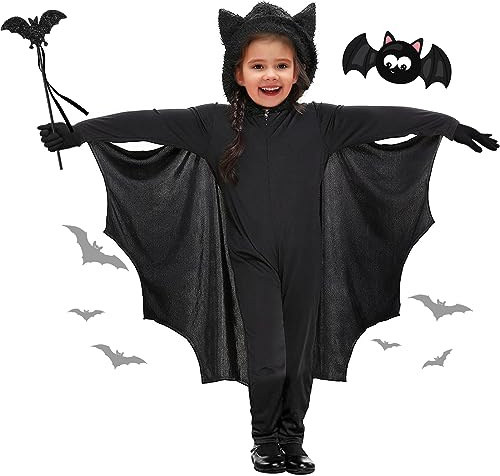 SHOWHEEL Costume de Chauve souris pour enfant,Halloween Costume Chauve Souris,Costume de chauve-souris noire avec capuche, gants noirs et sceptre de chauve-souris,pour 4 à 12 filles garçon (M)