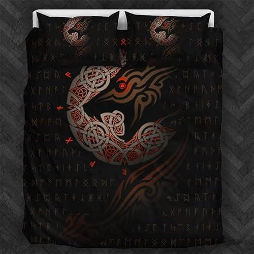 Wikinger Wolf Bettwäsche 135x200cm Wikinger Wolf Keltischer Knoten Rune Kinder Bettbezug Set 3 Teilig Microfaser 3D Motiv Luxus Modern Bettdeckenbezug Mit Reißverschluss und 2 Kissenbezüge 80x80cm