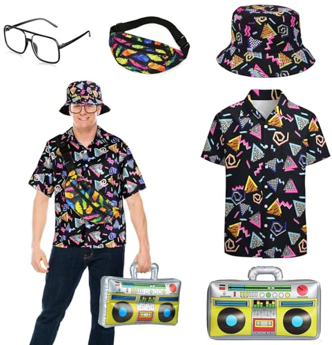 BIQIQI 80er Jahre Outfit Herren 80er Jahre Kleidung Set Rapper Zubehör mit Eimer Hut Gläser Hemd Bauchtasche Faschingskostüme Hip Hop Kostüm Herren 80er 90er Jahre Party Kleidung für Erwachsene L