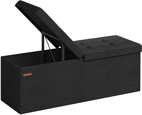 SONGMICS Sitzbank mit Stauraum, klappbare Sitztruhe, Aufbewahrungsbox, 38 x 110 x 38 cm, Deckel klappbar, bis 300 kg belastbar, für Flur, Wohnzimmer, Schlafzimmer, tintenschwarz LSF076B01