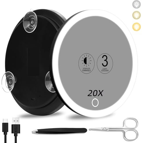 Suupvaor Miroir Grossissant 20x Avec Lumière - Grand 15cm 3 Couleurs, Éclairage Tamisé, 3 Ventouses - Miroir de Voyage et de Maquillage