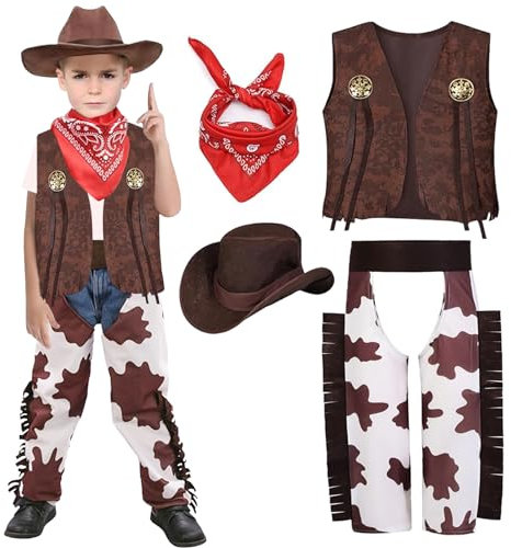 UPZAI Karneval Cowboy Kostüm Kinder: Cowboyhut Kostüm Set mit Hut Halstuch Weste Hose - Cowboy Outfit Jungen für Fasching Carnival Mottoparty Cosplay (XL)