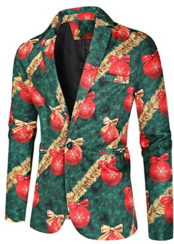 Weihnachten Sakko Herren Anzugjacke Weihnachten Lustig Druck Anzug Männer Christmas Festlich Freizeitjacke Knopf Slim Fit Anzugjacke Party Revers Sakko Blazer