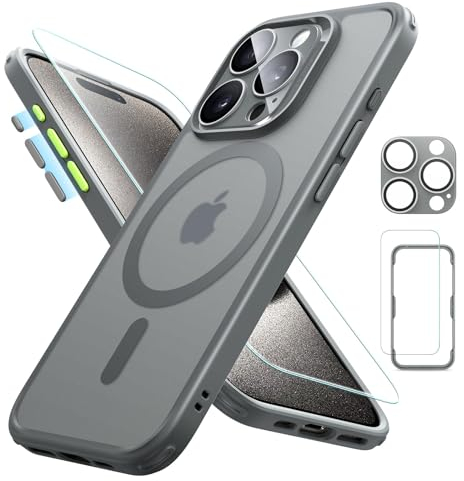 ESR für iPhone 15 Pro Hülle Set (5 in 1), durchscheinende Matte Hülle mit Displayschutzfolie und Kameraschutz, kompatibel mit MagSafe, Militärnorm Schutz, Classic Serie, Mattiertes Grau