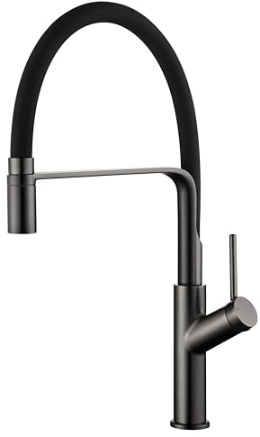 VALAZ Grifos Cocina Fregadero Gun Metal y Negro Mate | Grifo Cocina Caño Flexible, Alta Presión, Ahorro de Agua | Instalación Fácil y Rápida | Acero Inoxidable, Serie Saja