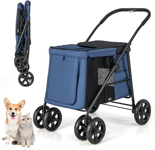 COSTWAY Poussette pour Chien Pliante, Poussette Buggy pour Chien Chat avec Poche de Rangement et 2 Portes Zippées, Chariot de Voyage Portable à Roulettes avec Fenêtre et Lucarne, Charge 40KG (Bleu)