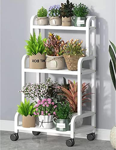 Weißes Metall-Pflanzenständerregal, mehrschichtige Blumentopf-Aufbewahrungsdekorationsregale mit feststellbaren Rädern, Leiterregal für große Pflanzen im Innen- und Außenbereich | Höhe 107 c