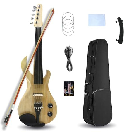 Violino elettrico a 4/5/6 corde 4/4, violino elettrico silenzioso, colore legno verniciato, con raccordi in ebano, kit per principianti per adulti e ragazzi (5 corde)