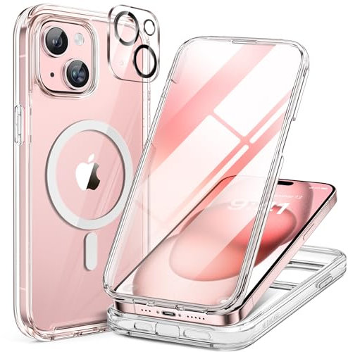 Miracase Magnetic Case for iPhone 15 Case 6.1-Inch, Full Body Bumper Clear Back Cover Compatible with MagSafe and Built-in 9H Tempered Glass Screen Protector + Camera Lens Protector (Clear)