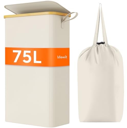 Lifewit 75L Slim Laundry Hamper with Lid, Narrow Laundry Basket with Removable Bag & Bamboo Handles, Fodable Thin Dirty Clothes Hamper for Laundry Collapsible Bin for Bathroom Bedroom Dorm, White