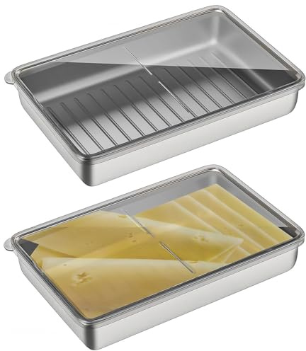 DXQCHDUO 2 x Speckkäsebehälter für Kühlschrank, Edelstahl-Käseaufbewahrung mit Deckel, Delikatfleischbehälter, Speck-Spardose zur Aufbewahrung von Fleisch, Nudeln, Käse usw. (20 x 14,5 x 4,5 cm)