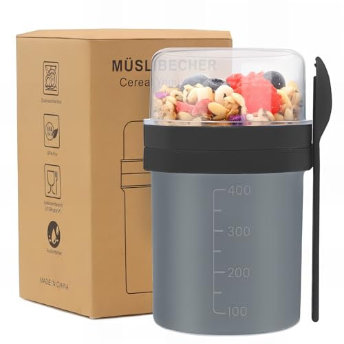Bugucat Müslibecher To Go 450ml+250ml, Praktischer Müslibecher mit löffel Auslaufsichere Joghurtbecher für Unterwegs Joghurt Müsli to Go Becher, Yoghurt to Go Becher für Arbeit Picknick Schule,Schwarz