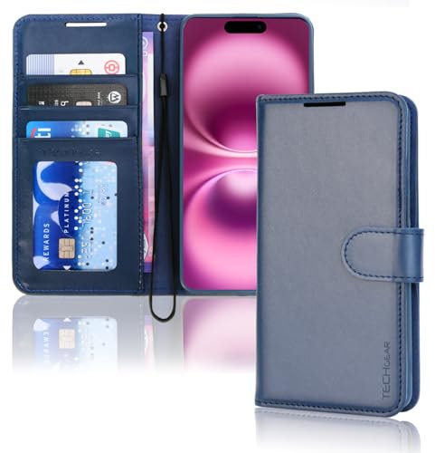 TECHGEAR iPhone 16 Plus Leather Wallet Case, Protective Flip Case Cover [RFID BLOCKING] Wallet Card Holder, Stand & Wrist Strap - Blue PU Leather with Magnetic Closure for iPhone 16 Plus 6.7