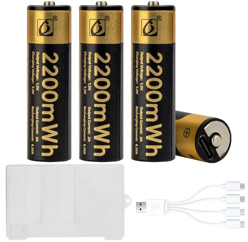 Tosiicop AA Akkus Wiederaufladbar - 1.5V 2200mWh Lithium Batterie mit 4-in-1 USB-C Ladekabel Aufladbare Batterien AA Rechargeable Akku 1 Stunden Schnellladung 4 Stück