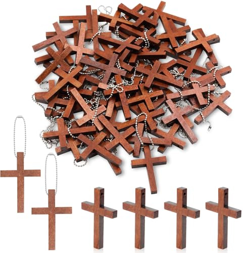 Happtkey Holzkreuzanhänger zur Schmuckherstellung, 60 Mini Kreuzanhänger und 60 Ketten, Kleine Anhänger aus Naturholz für Halsketten, Armbänder, Ohrringe, Schmuck und Bastelarbeiten