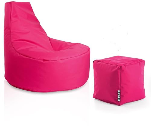PATCH HOME Gaming Sessel mit Hocker – Sitzsack für Erwachsene & Kinder, – Perfekt für Gaming, Lounge, In & Outdoor (Magenta, Ø80cm, 30cm Sitzhöhe, 90cm Höhe + 35x35cm Würfel)