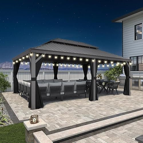 PURPLE LEAF Tonnelle de Jardin Extérieur 4,25 x 6 m avec Guirlande Lumineuse Solaire, Pergola à Double Toit en Aluminium Permanent Robuste avec Rideaux et Moustiquaire, Gris Clair