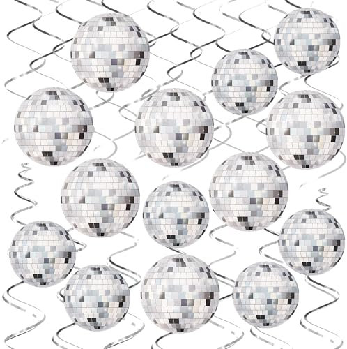 Discokugel Deko Silber,34 Stk Discokugel Wirbel Decken Deko Hängend,Disco Party 70er 80er 90er Jahre Thema Deko,Luftschlangen Silber Hängende Spiralen,Disco Party Rock Hippie Neon Partydeko