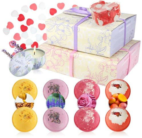 com-four® Wellness Geschenk-Set - 2x Geschenkboxen mit insgesamt 8x Badebomben, 2x Sojawachskerze und 1x Badekonfetti - Spa-Set für Frauen & Männer für Valentinstag, Geburtstag, Muttertag