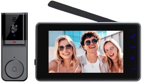 Xiniy Sonnette Vidéo avec Écran IPS de 4,3 Pouces, Audio Bidirectionnel, Interphone Visuel 2,4 GHz, Caméra D'Enregistrement avec Antenne