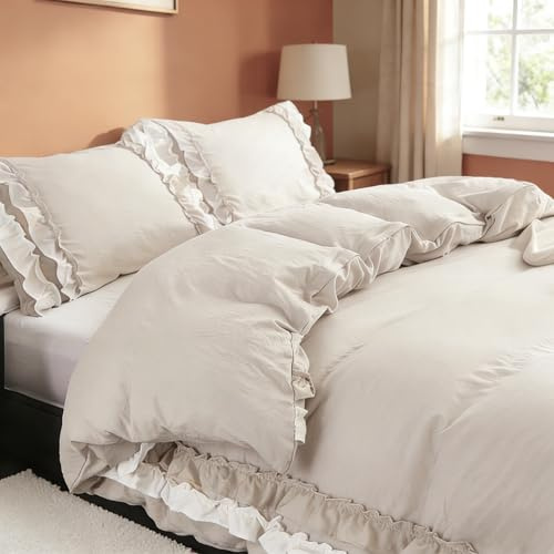 Wotcsil Bettwäsche Beige 200x200cm Rüschen Bettwäsche Uni Boho Sets | Mikrofaser für Mädchen Damen Bettbezug Set Romantisch mit Reißverschluss und Kissenbezug 80x80cm
