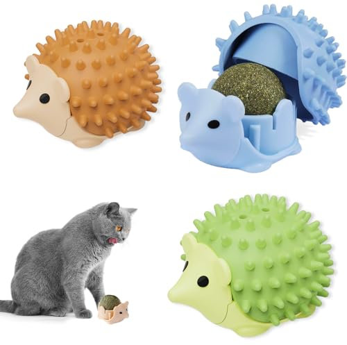 Puasok 3 Stück Katzenminze Balls, Igel-Bälle Spielzeug für Katzen Drehbare Catnip Balls Wand mit Aufbewahrungshülle für Kauen Spielen Kratzen