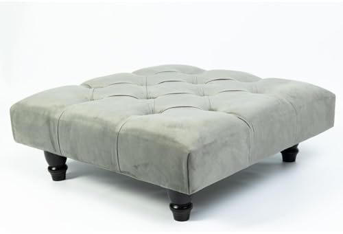 Kiswa collection Chesterfield Footstool - Plush Velvet Upholstered Pouffe with Wood Legs, Elegant Coffee Table Footrest, Matching Buttons, Stylish Home Decor (steel, 25D x 60W x 60H cm)