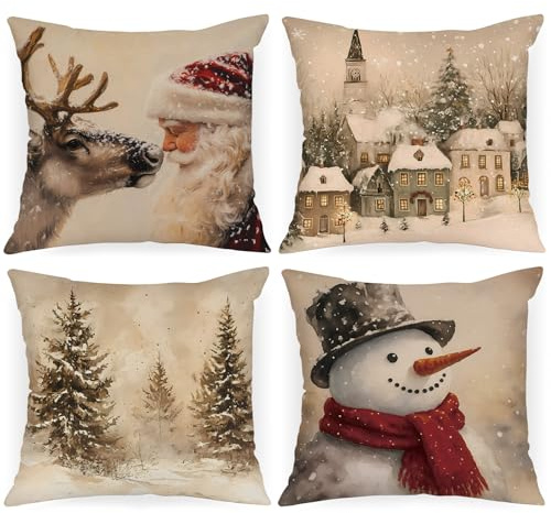 Lanpn Jahrgang Weihnachten Kissenbezug 4 stück, Weihnachtskissenbezug 50x50 cm Dekorative Kissenbezüge für Winter Urlaub Bauernhaus Wohnzimmer Schlafzimmer Sofa Weihnachten Heimdekoration