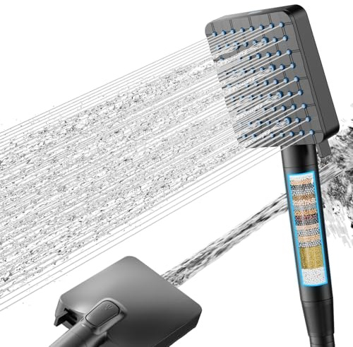 Cobbe Hard Water Filter Squre Shower Head, High Pressure Shower Head and Hose with 20 Stage Filter, 6+1 Spray Modes Powerful Built-in Power Wash Showerhead for Residual Chlorine Remove, Black