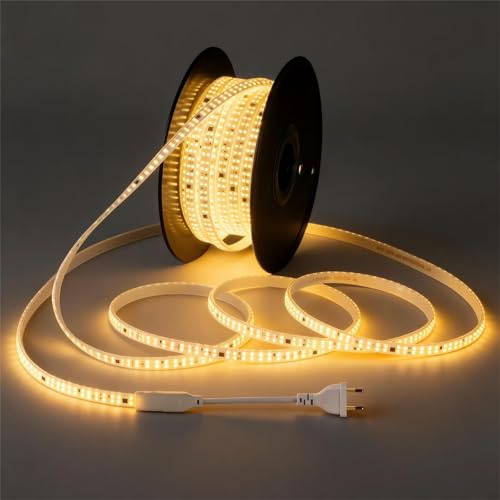 FOSHANHC Bande LED 230V, étanche IP65 (Extérieur/Industrie), rouleau 20m, 240 LED/m, 11 W/m, Blanc chaud 3000K, flexible découpable (10cm), raccordable jusqu’à 50m – cuisine, commerce, atelier