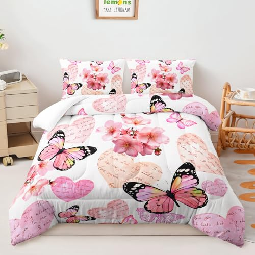 Piumino una Piazza e Mezza Cuore Farfalla Rosa Piumone una Piazza e Mezza Respirazione Morbida Lavabile Poliestere Comodità Piumino Matrimoniale 4 Stagioni 228x228 cm