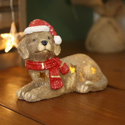 Fyne-Finds Christmas Led Ornament Cement Sitting Dog Scarf Cap Stars Cutout Festive Light-up Decor Xmas Home Gift