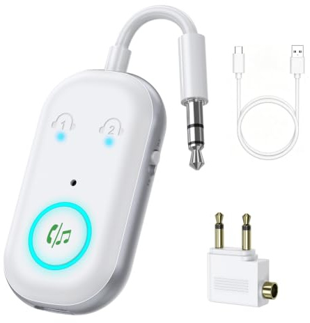 Bluetooth 5.3 Adapter Transmitter auf 2 Kopfhörer Low Lantency, 2-in-1 Bluetooth Sender Empfänger Klinke 3,5mm für TV, Stereoanlage, Headset, Autoradio System, Aux Adapter Transmitter für TV Flugzeug