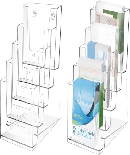GAESHOW 2 Stück Prospekthalter mit 5 Fächern, Acryl Prospektständer, 4 x 9 in Tisch-Prospektständer, Transparent Wandprospekthalter für Büro, Empfang, Menü, Flyer