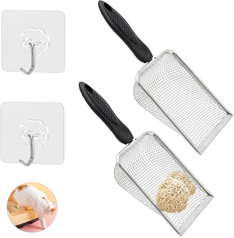 unbholkk Katzenklo Schaufel, 2 Stück Katzenschaufel Edelstahl für Katzenklo, Schaufel Katzenklo mit 2 Klebehaken, Metall Katzenstreuschaufel Für Katzentoilette, Rutschfester Griff, Lochabstand 3.8mm