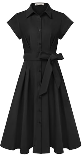 GRACE KARIN Women's Summer Short Sleeve Shirt Dress A-Line Midi Dresses | Lapel Neck Buttons Front Shirt Dresses Casual Elegant Tie Waist Dresses for Women UK with Pocets Work Wedding